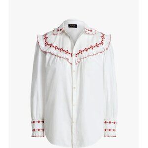 Ralph Lauren Purple label XXL White RuffleBlouse with Red Embroidery Cottagecore